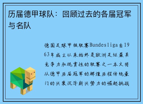 历届德甲球队：回顾过去的各届冠军与名队