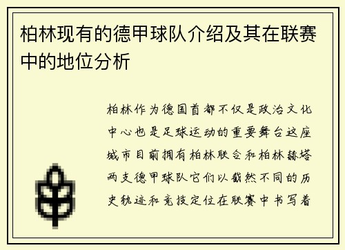 柏林现有的德甲球队介绍及其在联赛中的地位分析